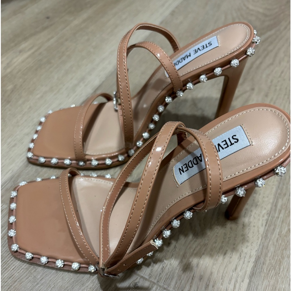 Steve Madden Tan Pearl-Embellished Strappy Heels